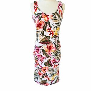Old Navy Floral Ruched Fitted Tank Dress Size Medium Maternity Tropical Hawaiian